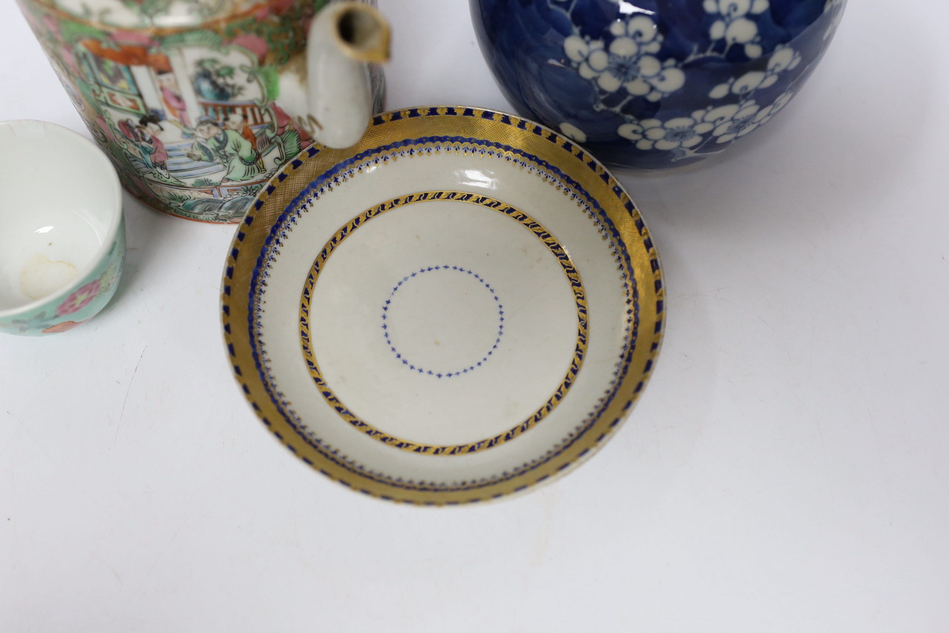 A collection of Chinese ceramics including a blue and white prunus flower jar, a famille rose teapot and a turquoise ground tea bowl, largest 13.5cm high